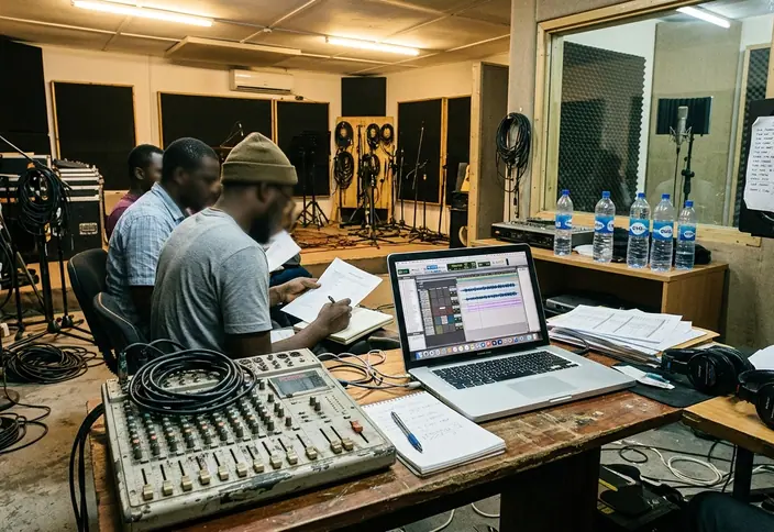 Recording studio with audio equipment, laptop session open for Nigerian release prep, metadata notes beside