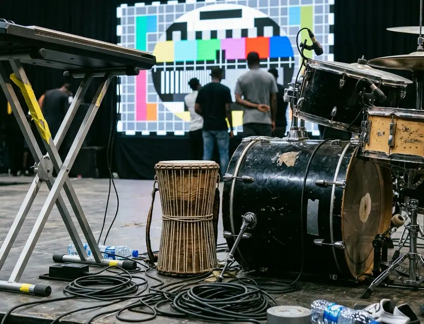 Musical instruments arrangement on a working Afrobeats video set in Lagos: keyboard stand half-taped, talking
