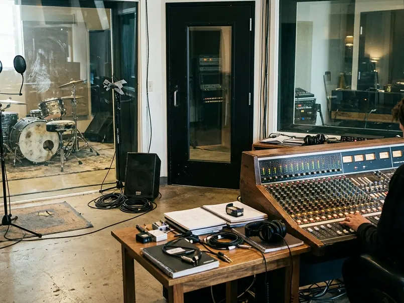 Recording studio with audio equipment, vocal booth glass marked with fingerprints, mixer left powered, mic
