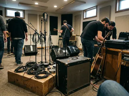 Recording studio with audio equipment in a working live room, captured plainly like a field